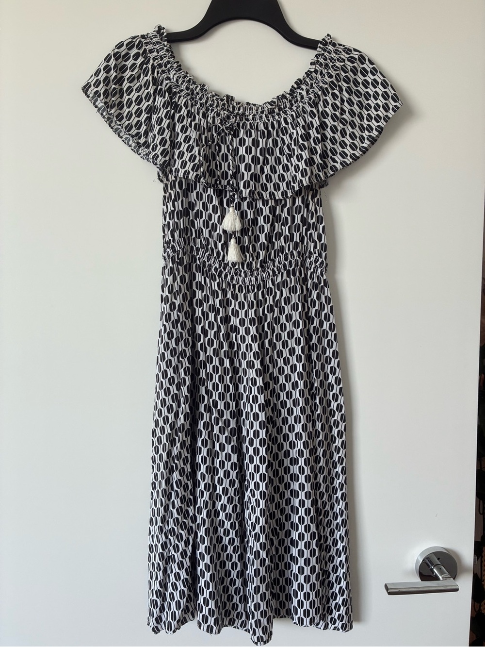 kate spade Black and White Geometric Off-Shoulder Mini Dress